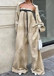Casual Camel Patchwork Sashes Jumpsuits Flare Sleeve