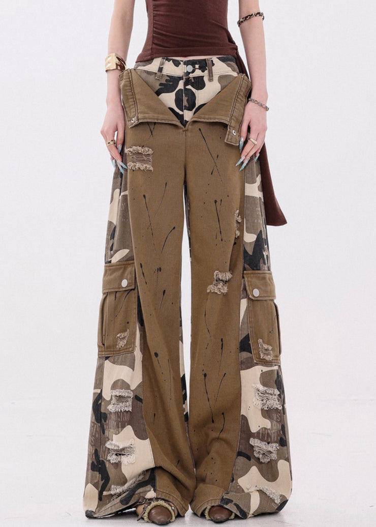 Casual Camouflage Pockets False Two Pieces Patchwork Denim Pants Fall