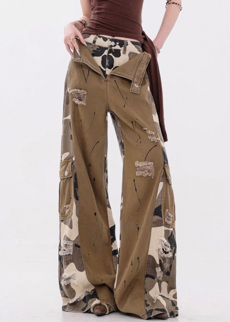 Casual Camouflage Pockets False Two Pieces Patchwork Denim Pants Fall