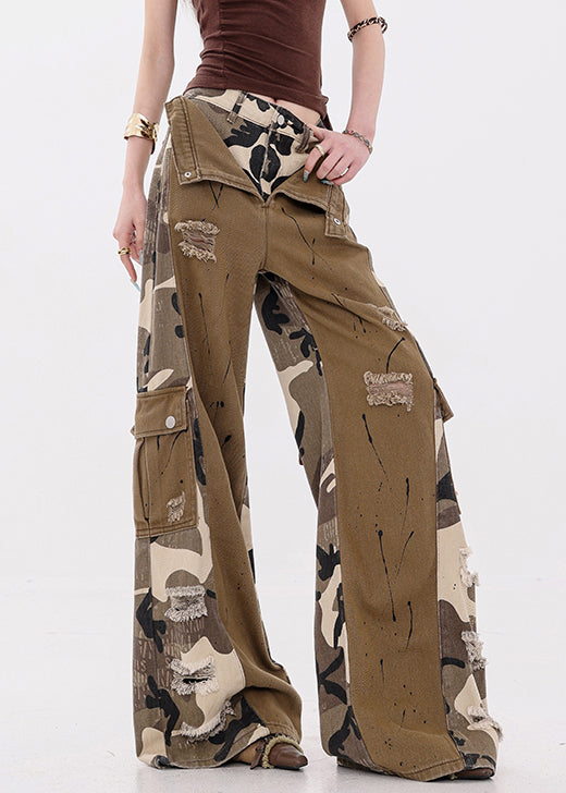 Casual Camouflage Pockets False Two Pieces Patchwork Denim Pants Fall