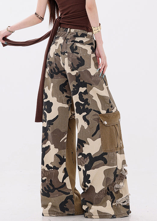Casual Camouflage Pockets False Two Pieces Patchwork Denim Pants Fall