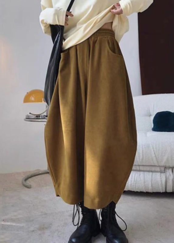 Casual Caramel Elastic Waist Pockets Harem Pants Spring