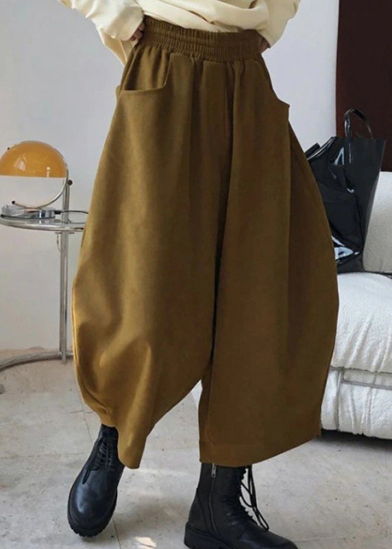 Casual Caramel Elastic Waist Pockets Harem Pants Spring