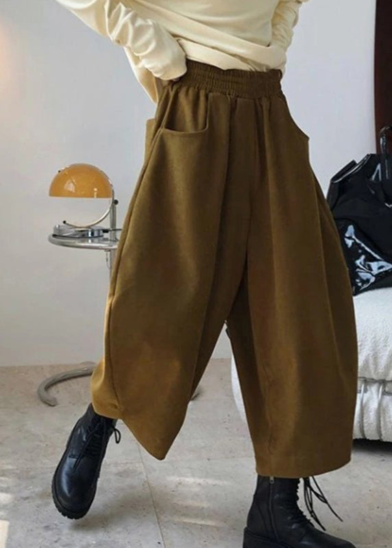 Casual Caramel Elastic Waist Pockets Harem Pants Spring