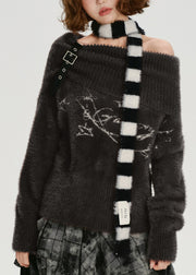 Casual Chocolate Cold Shoulder Print Faux Mink Knit Pullover Winter