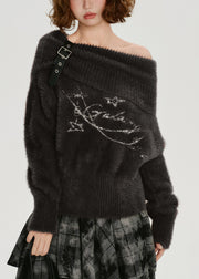 Casual Chocolate Cold Shoulder Print Faux Mink Knit Pullover Winter