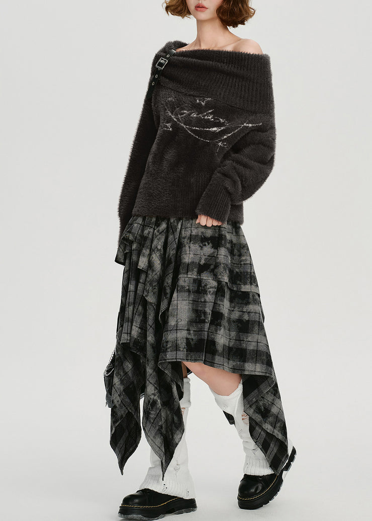 Casual Chocolate Cold Shoulder Print Faux Mink Knit Pullover Winter