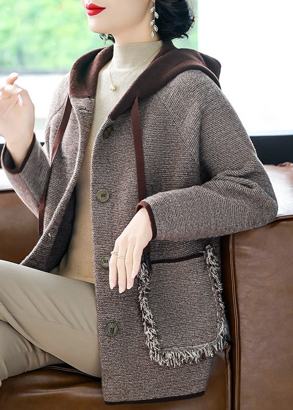 Casual Coffee Drawstring Button Hooded Woolen Hooded Coats Fall