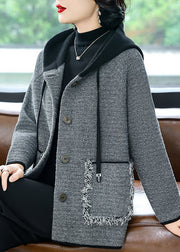 Casual Coffee Drawstring Button Hooded Woolen Hooded Coats Fall