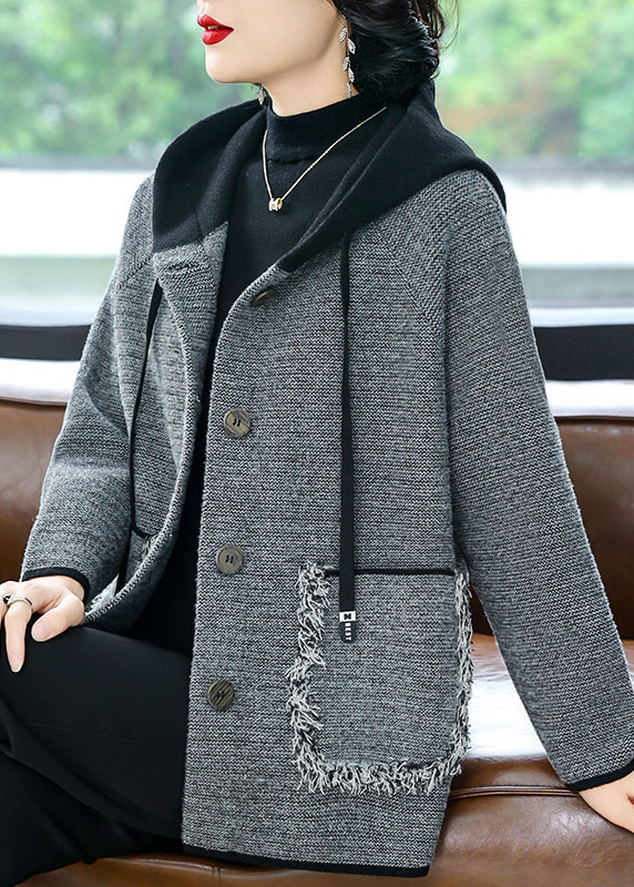 Casual Coffee Drawstring Button Hooded Woolen Hooded Coats Fall