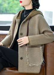 Casual Coffee Drawstring Button Hooded Woolen Hooded Coats Fall