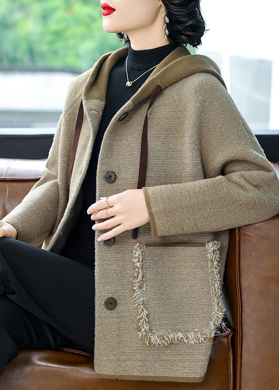 Casual Coffee Drawstring Button Hooded Woolen Hooded Coats Fall
