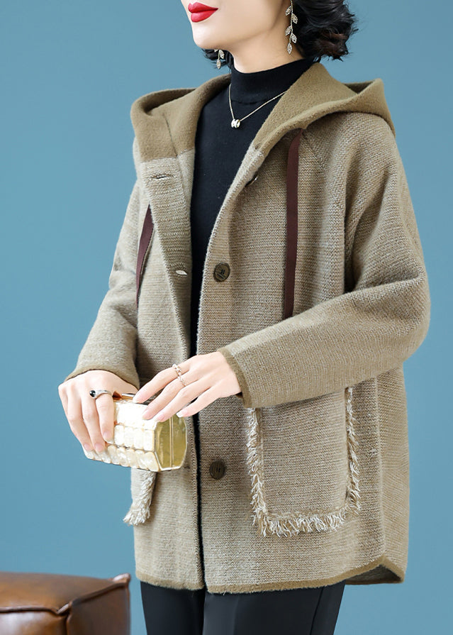Casual Coffee Drawstring Button Hooded Woolen Hooded Coats Fall