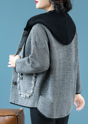 Casual Coffee Drawstring Button Hooded Woolen Hooded Coats Fall