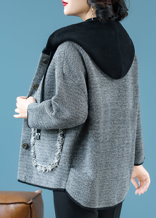 Casual Coffee Drawstring Button Hooded Woolen Hooded Coats Fall