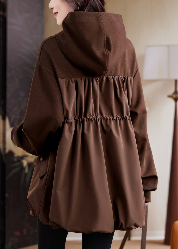 Casual Coffee Hooded Pockets Drawstring Cotton Sweatshirt Fall