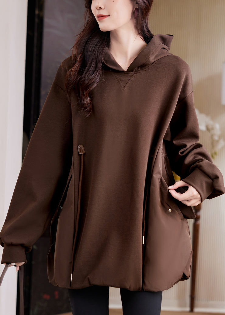 Casual Coffee Hooded Pockets Drawstring Cotton Sweatshirt Fall