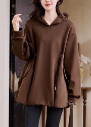Casual Coffee Hooded Pockets Drawstring Cotton Sweatshirt Fall