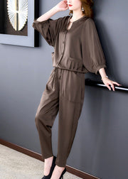 Casual Coffee Patchwork Pockets Top And Harem Pants Two Pieces Set Bracelet Sleeve