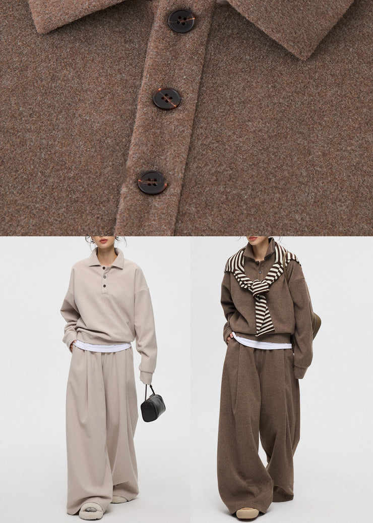 Casual Coffee Peter Pan Collar Button Cashmere Two Piece Set Winter