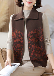 Casual Coffee Peter Pan Collar Pockets Knit Waistcoat Sleeveless