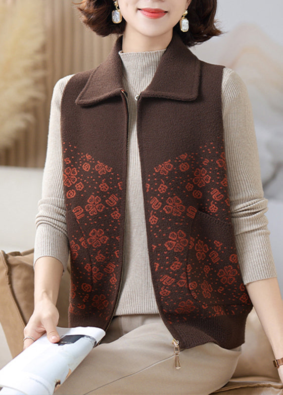 Casual Coffee Peter Pan Collar Pockets Knit Waistcoat Sleeveless