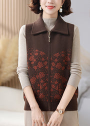 Casual Coffee Peter Pan Collar Pockets Knit Waistcoat Sleeveless