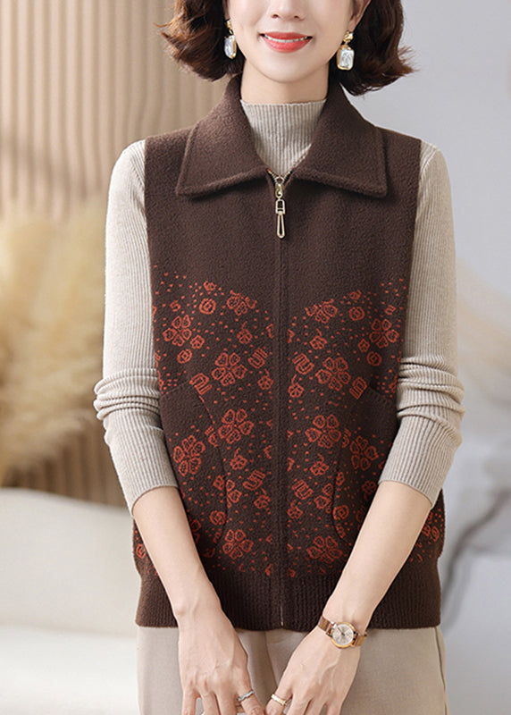 Casual Coffee Peter Pan Collar Pockets Knit Waistcoat Sleeveless