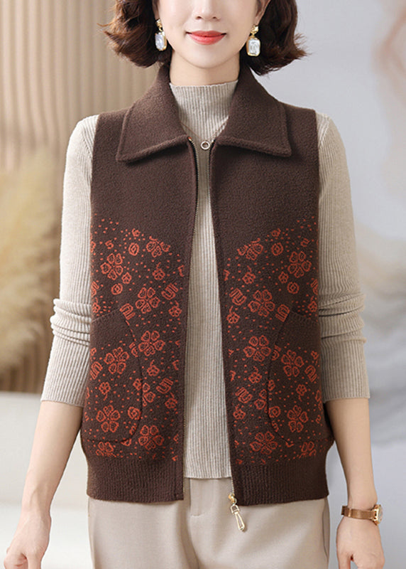 Casual Coffee Peter Pan Collar Pockets Knit Waistcoat Sleeveless
