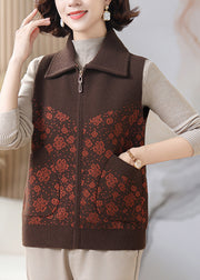 Casual Coffee Peter Pan Collar Pockets Knit Waistcoat Sleeveless