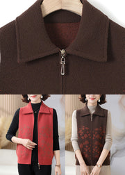 Casual Coffee Peter Pan Collar Pockets Knit Waistcoat Sleeveless