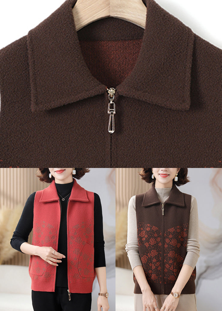 Casual Coffee Peter Pan Collar Pockets Knit Waistcoat Sleeveless