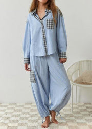 Casual Coffee Plaid Patchwork Cotton Pajamas Two Piece Suit Set Spring