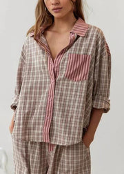 Casual Coffee Plaid Patchwork Cotton Pajamas Two Piece Suit Set Spring