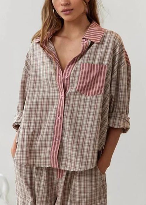 Casual Coffee Plaid Patchwork Cotton Pajamas Two Piece Suit Set Spring