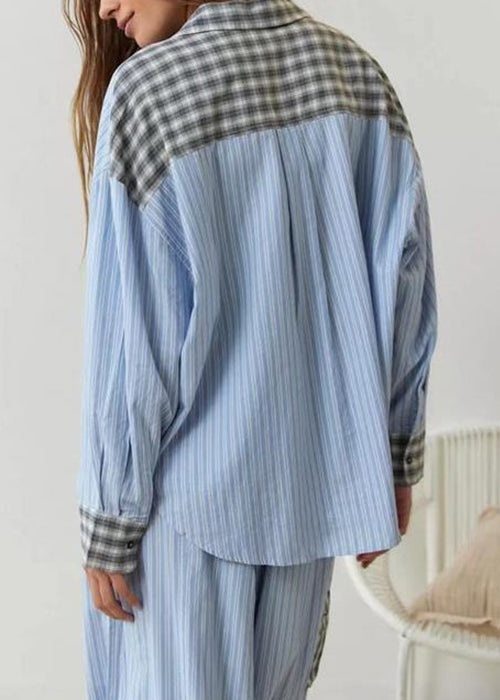 Casual Coffee Plaid Patchwork Cotton Pajamas Two Piece Suit Set Spring