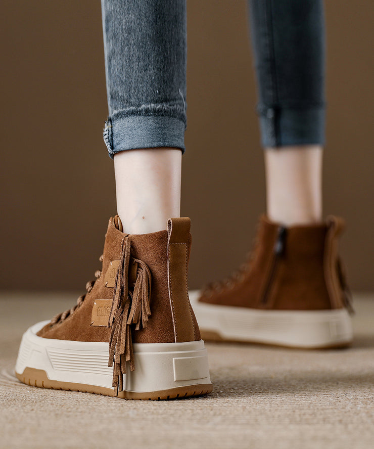 Casual Coffee Tassel Lace Up Splicing Suede Boots