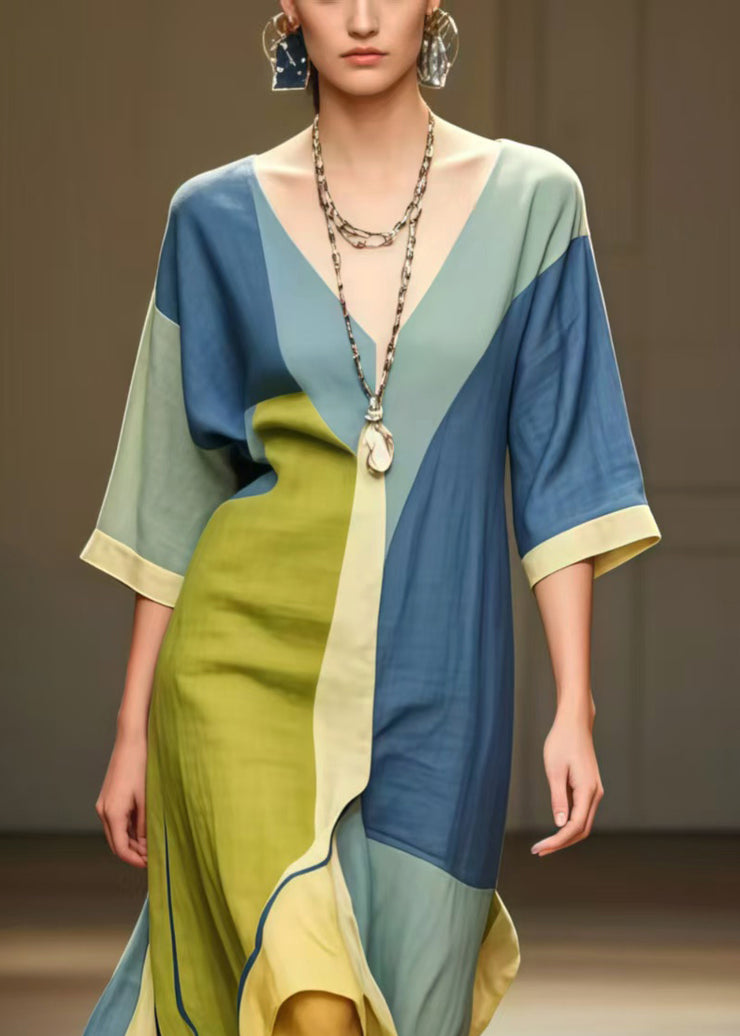Casual Colorblock Asymmetrical Patchwork Cotton Long Dress Summer