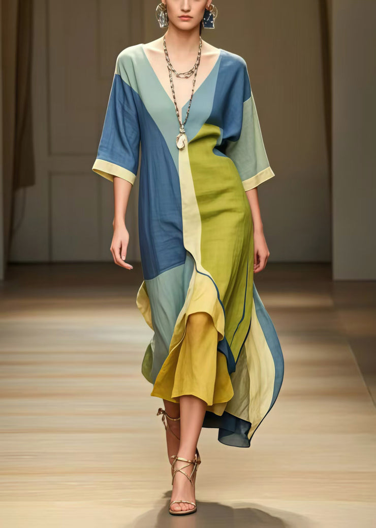 Casual Colorblock Asymmetrical Patchwork Cotton Long Dress Summer