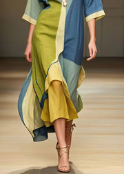 Casual Colorblock Asymmetrical Patchwork Cotton Long Dress Summer