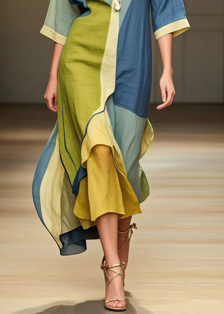 Casual Colorblock Asymmetrical Patchwork Cotton Long Dress Summer