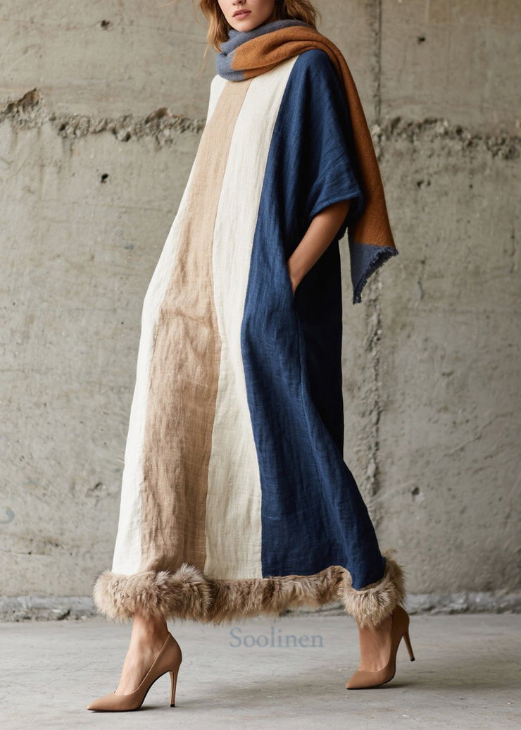 Casual Colorblock Fuzzy Fur Fluffy Patchwork Cotton Long Dresses Fall