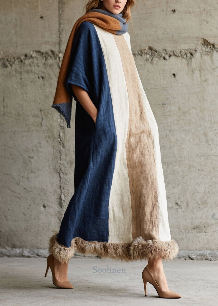 Casual Colorblock Fuzzy Fur Fluffy Patchwork Cotton Long Dresses Fall