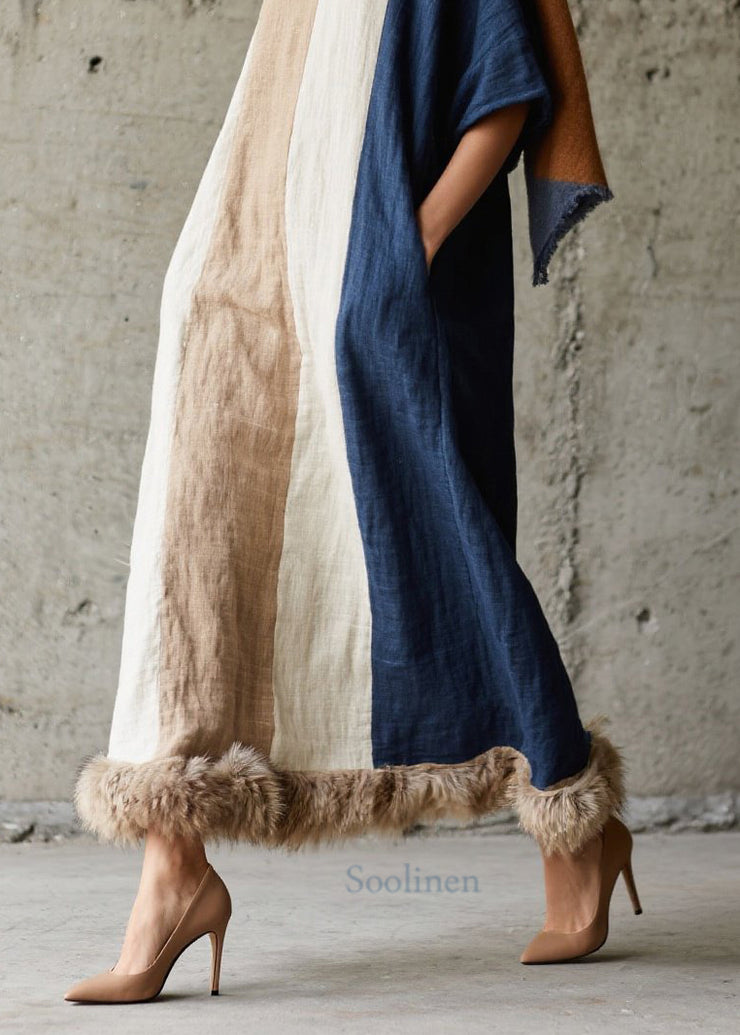 Casual Colorblock Fuzzy Fur Fluffy Patchwork Cotton Long Dresses Fall
