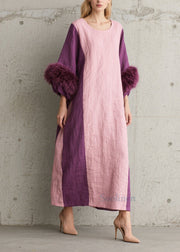 Casual Colorblock Fuzzy Fur Patchwork Cotton Dresses Fall