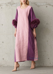 Casual Colorblock Fuzzy Fur Patchwork Cotton Dresses Fall