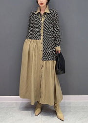 Casual Colorblock Peter Pan Collar Patchwork Wrinkled Print Cotton Dresses Spring