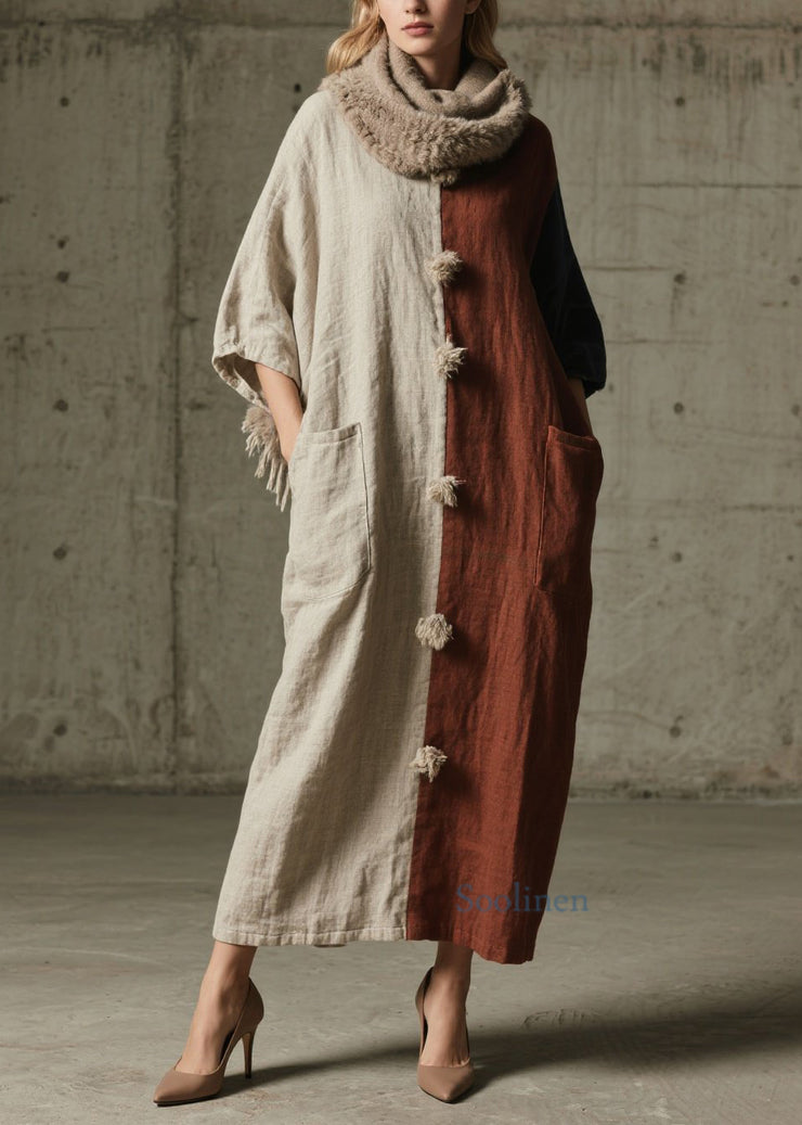 Casual Colorblock Pockets Patchwork Cotton Ankle Dress Fall