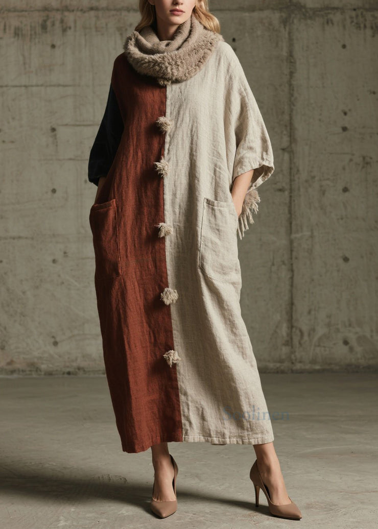 Casual Colorblock Pockets Patchwork Cotton Ankle Dress Fall