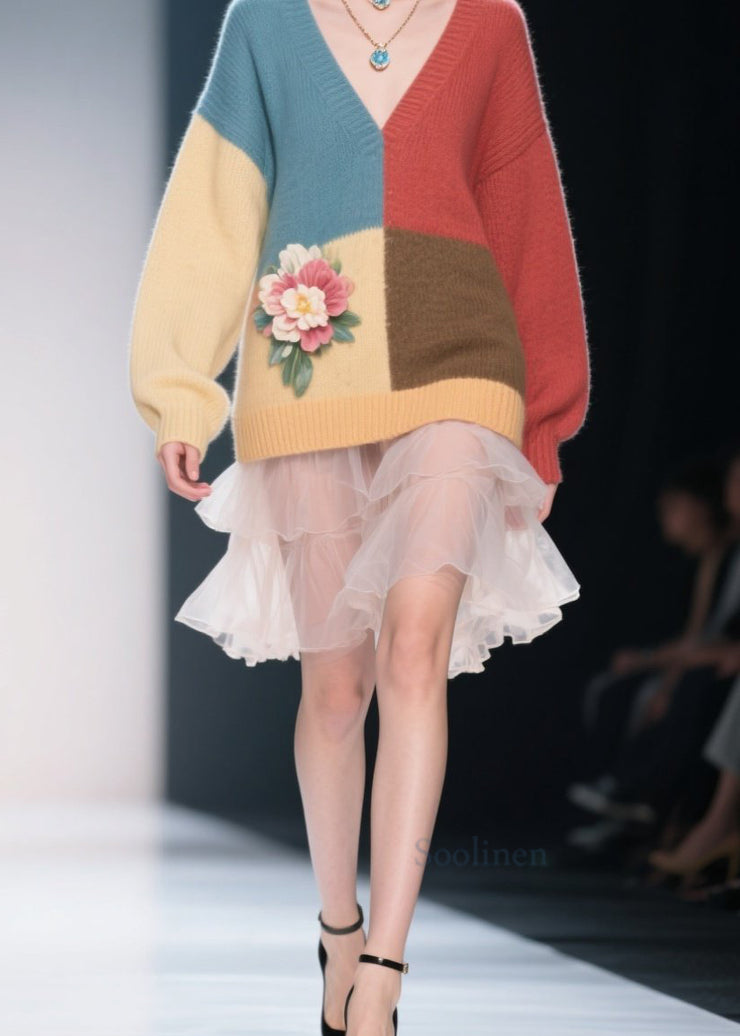 Casual Colorblock V Neck Floral Knit Sweater Dress Fall